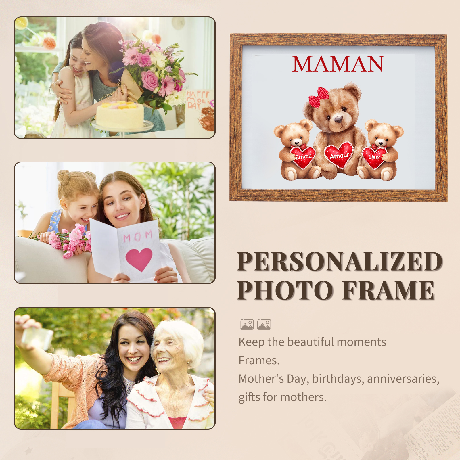 Cadre Photo LED Ours 2 Prénoms Personnalisés avec 1 Texte Décoration Famille
