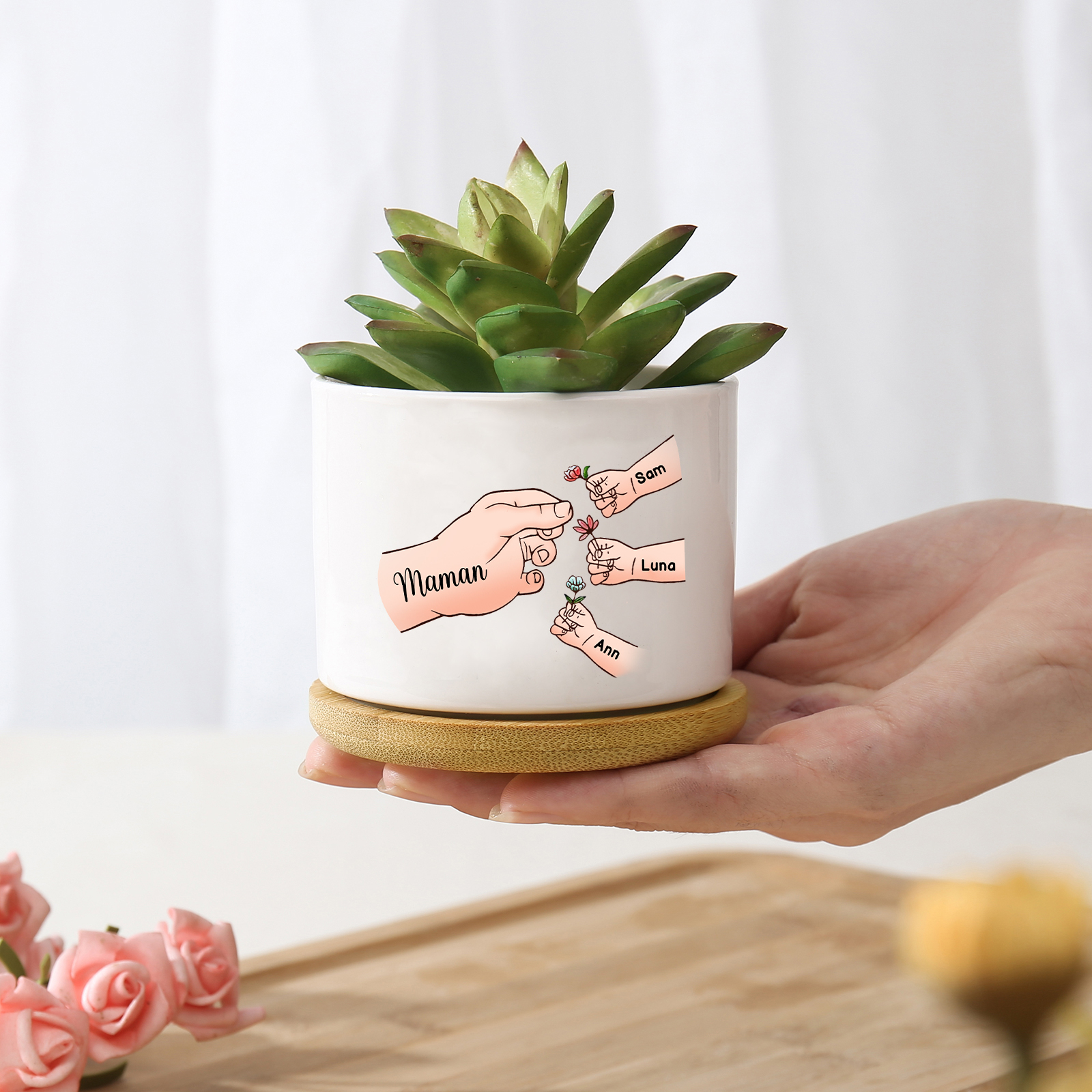 Vase/Pot de Fleurs mains et enfants 4 Prénoms Personnalisés Décoration de la Maison (sans plantes)