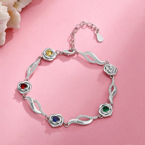 Bracelet Roses 4 Prénom Personnalisé avec 4 Pierre de Naissance