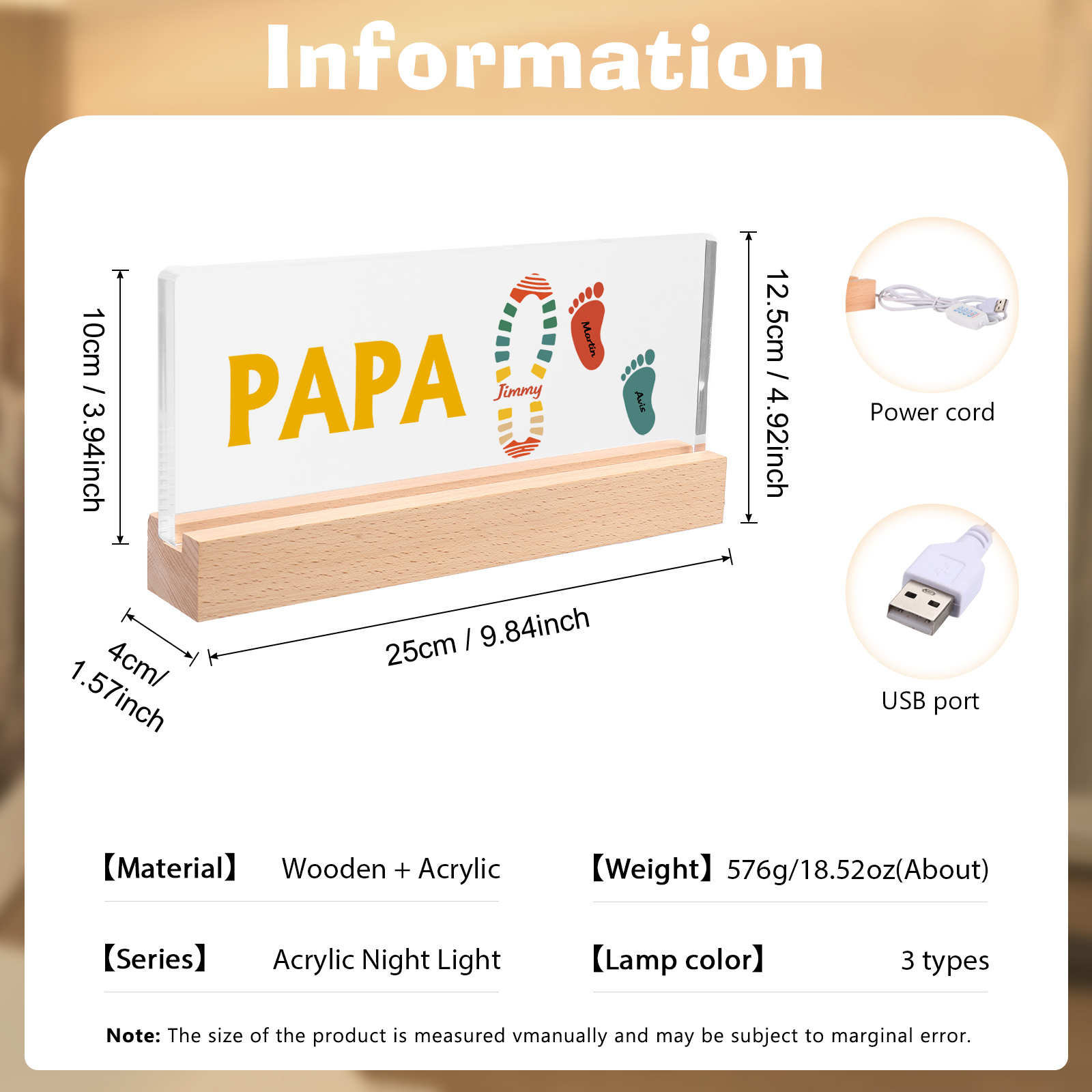 À mon Papa/Papi- Lampe de chevet LED Pieds Bébé 3 Prénoms Personnalisés avec Texte