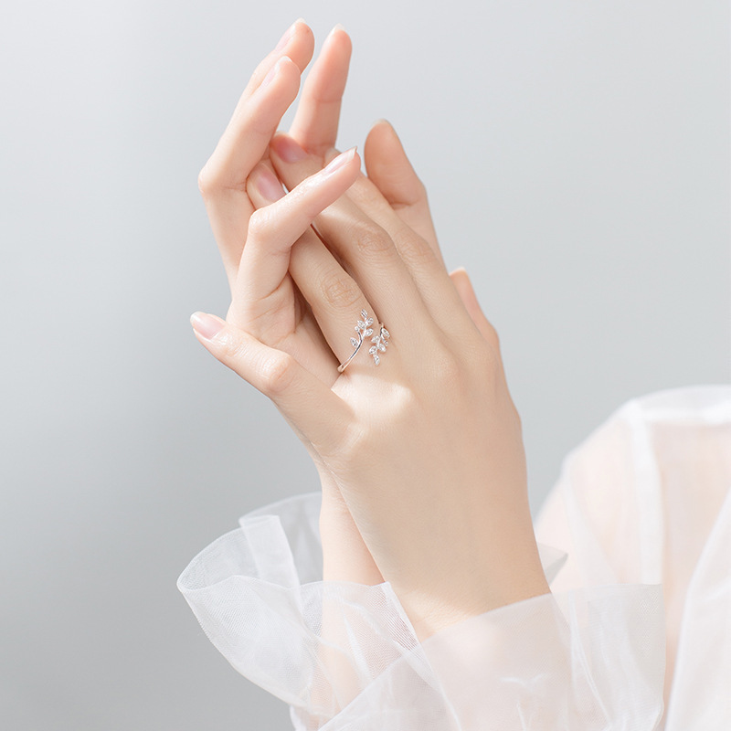 Bague Ouverte en Argent 925 Feuilles Pour Femmes