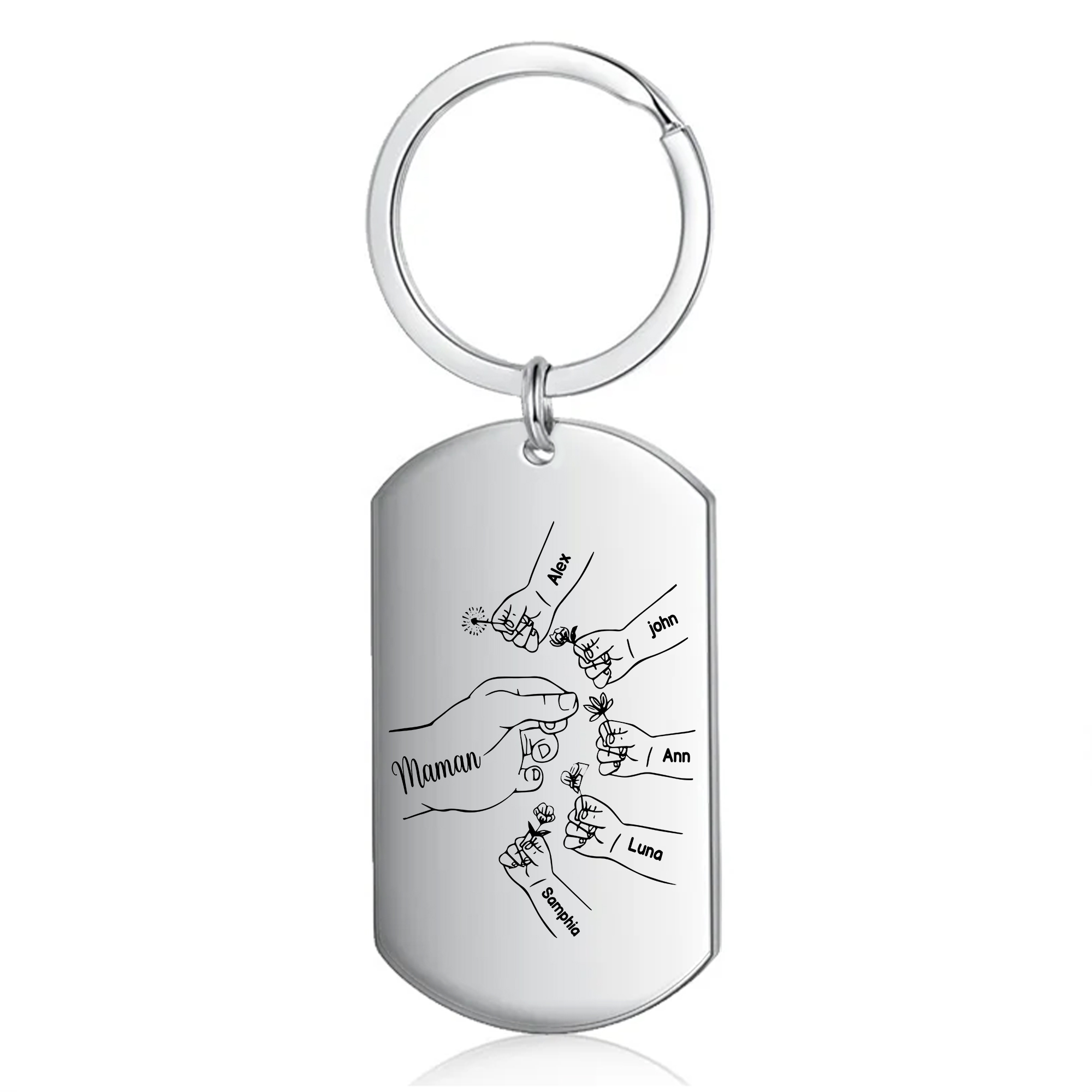 À ma Maman/Mamie - Porte-Clés 2-7 Prénoms Personnalisés Porte-Clés Mains et Fleurs