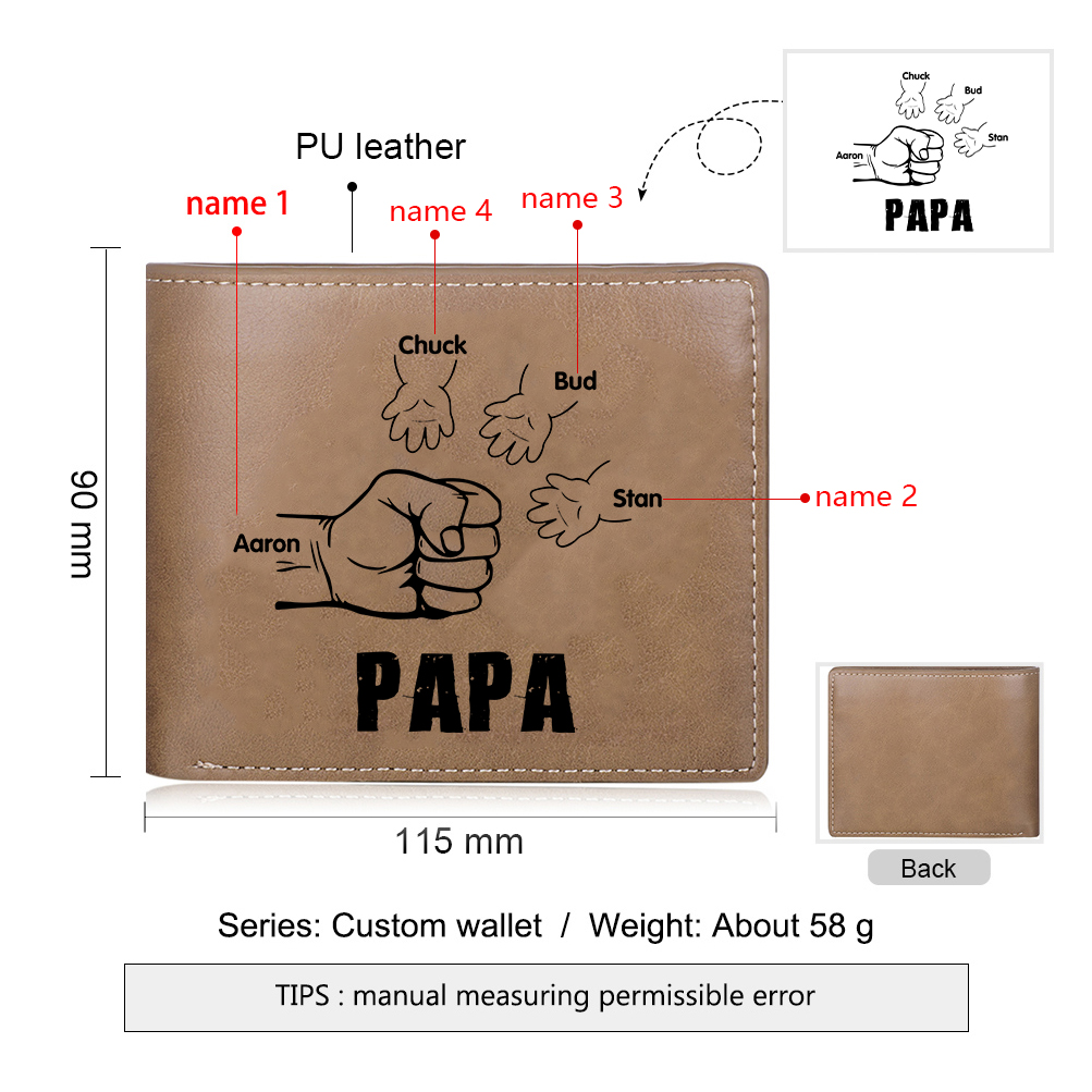 À mon Papa - Portefeuille Poings 4 Prénoms Personnalisés Classique Homme