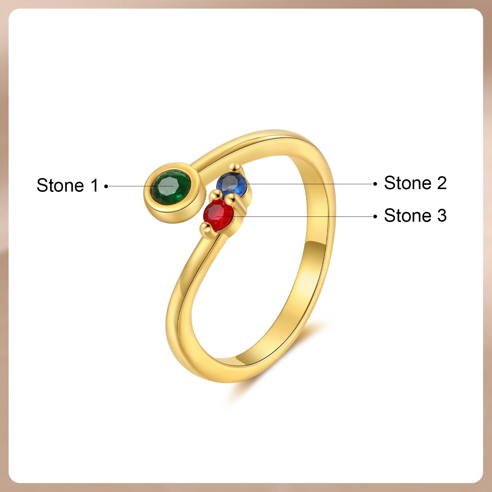 Bague Ouverte 3 Pierres de naissance Personnalisées pour Femmes