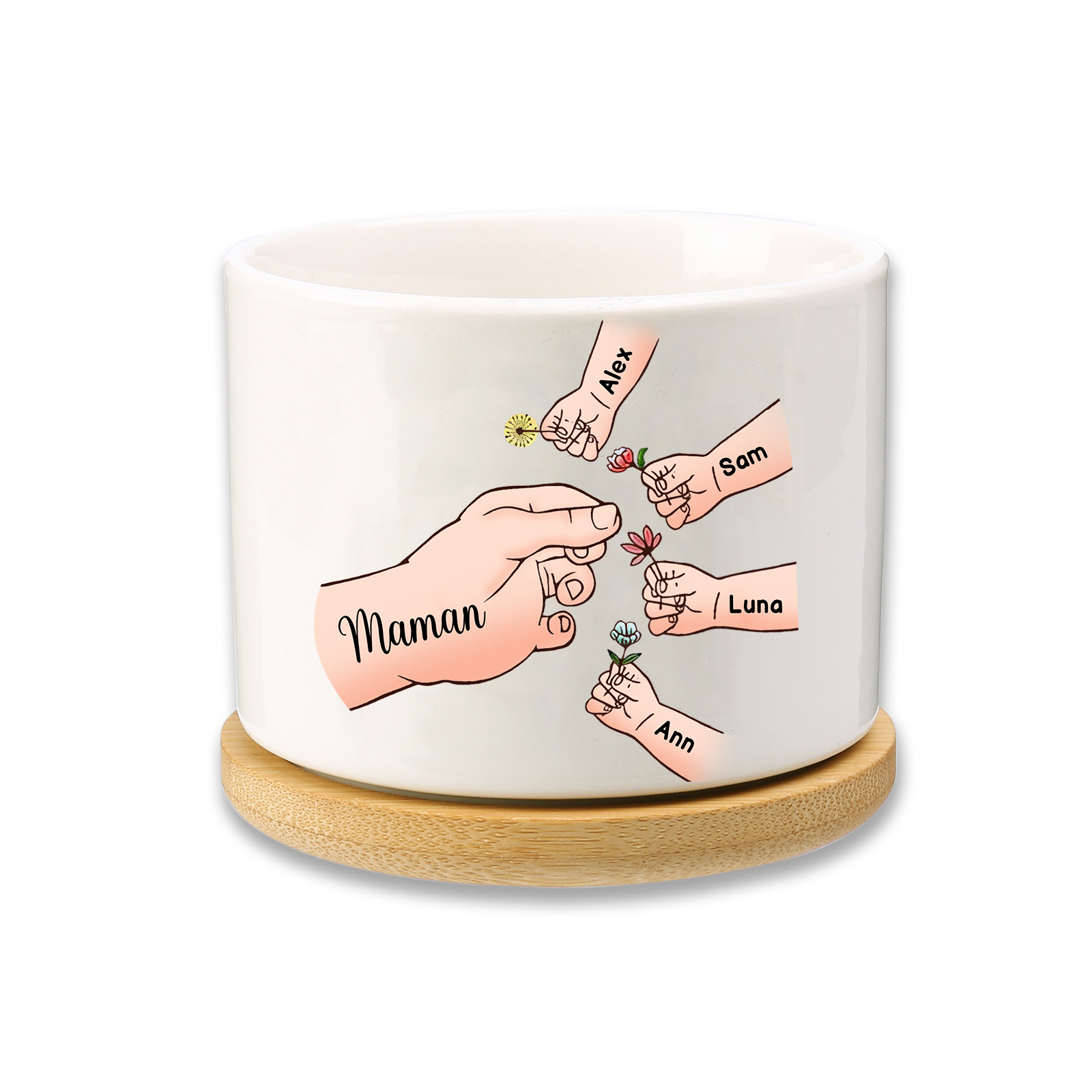 Vase/Pot de Fleurs mains et enfants 5 Prénoms Personnalisés Décoration de la Maison (sans plantes)