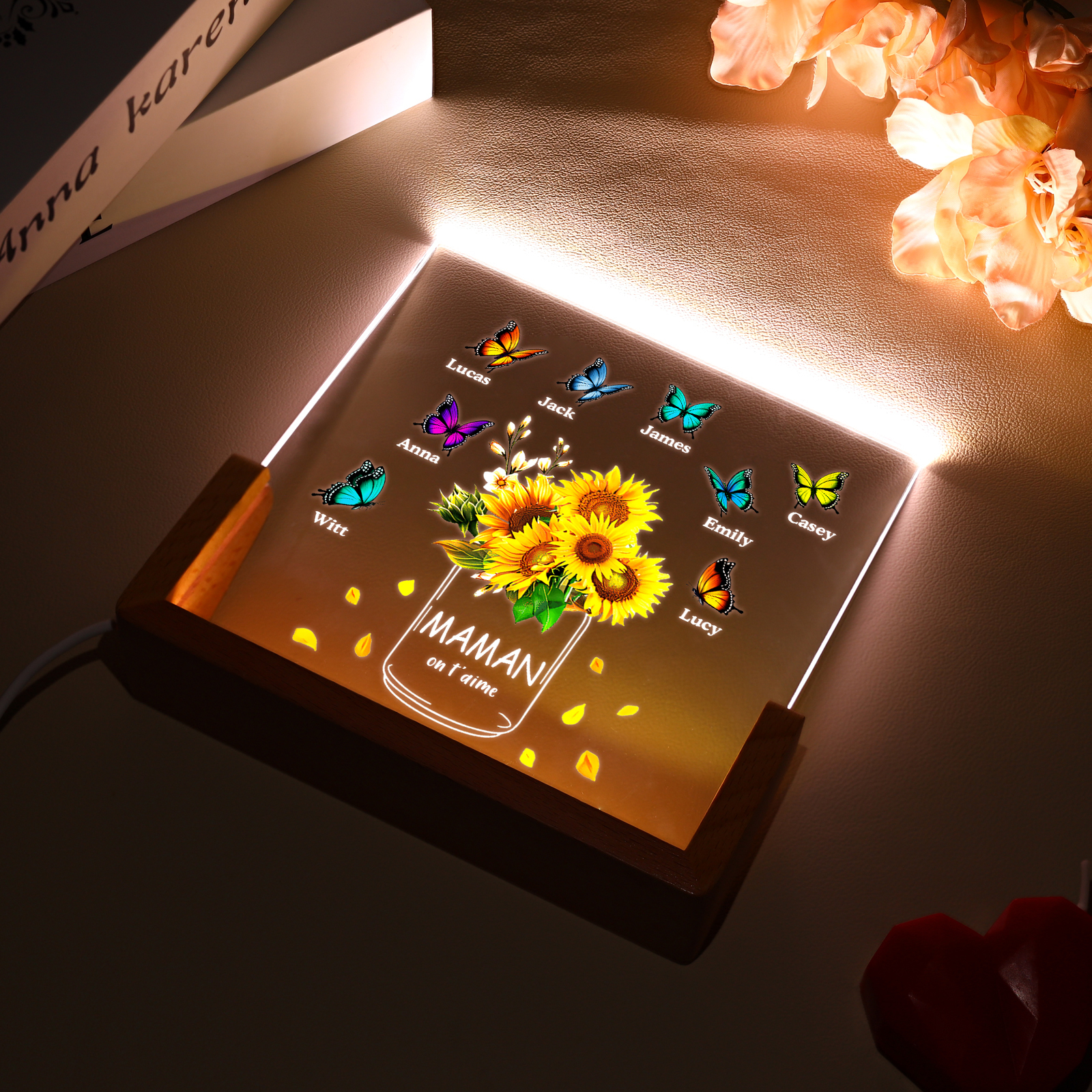 À Maman/Mamie - Lampe de chevet LED Tournesol 8 Prénoms Personnalisés avec 2 Textes pour Famille