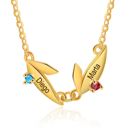 Collier Feuille 2 Prénoms Personnalisés avec Pierre de naissance Collier Femmes