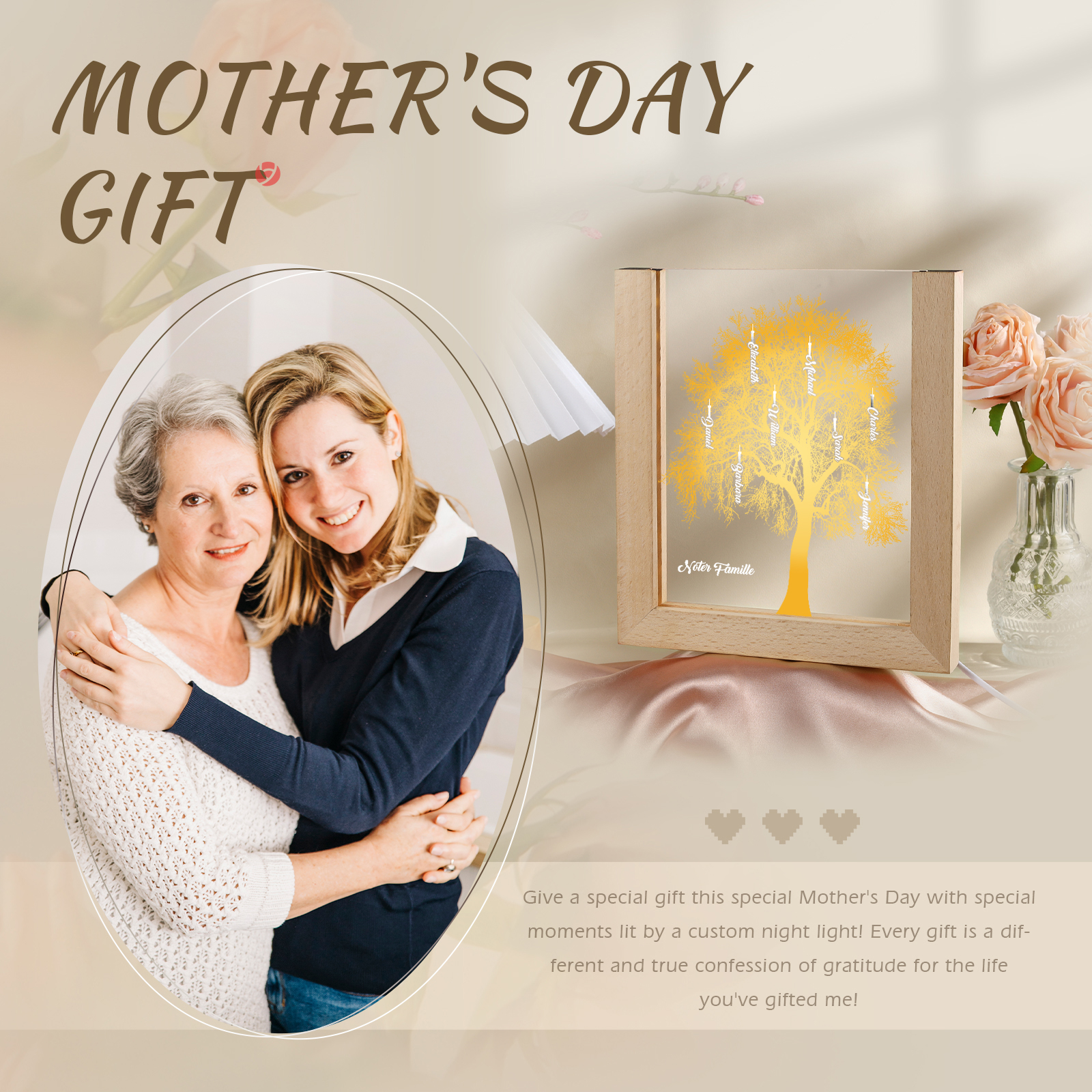 À Maman/Mamie - Lampe de chevet LED Arbre 8 Prénoms Personnalisés avec 1 Texte