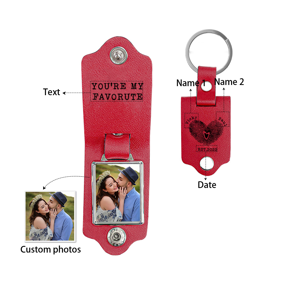 Porte-Clés Cuir 2 Prénoms et 1 Photo Personnalisés avec Date et Texte pour Couple | Jessemade