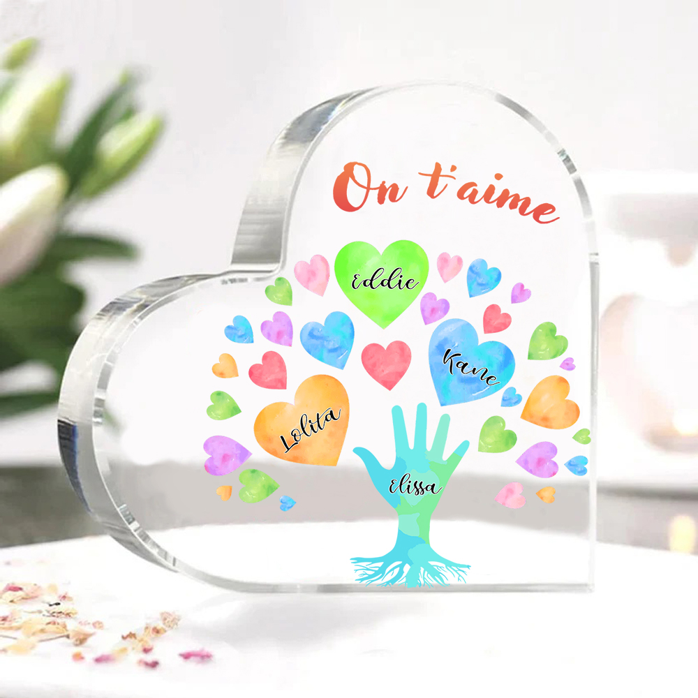 Plaque Acrylique en Forme de Cœur 4 Prénoms Personnalisés avec Texte pour Famille