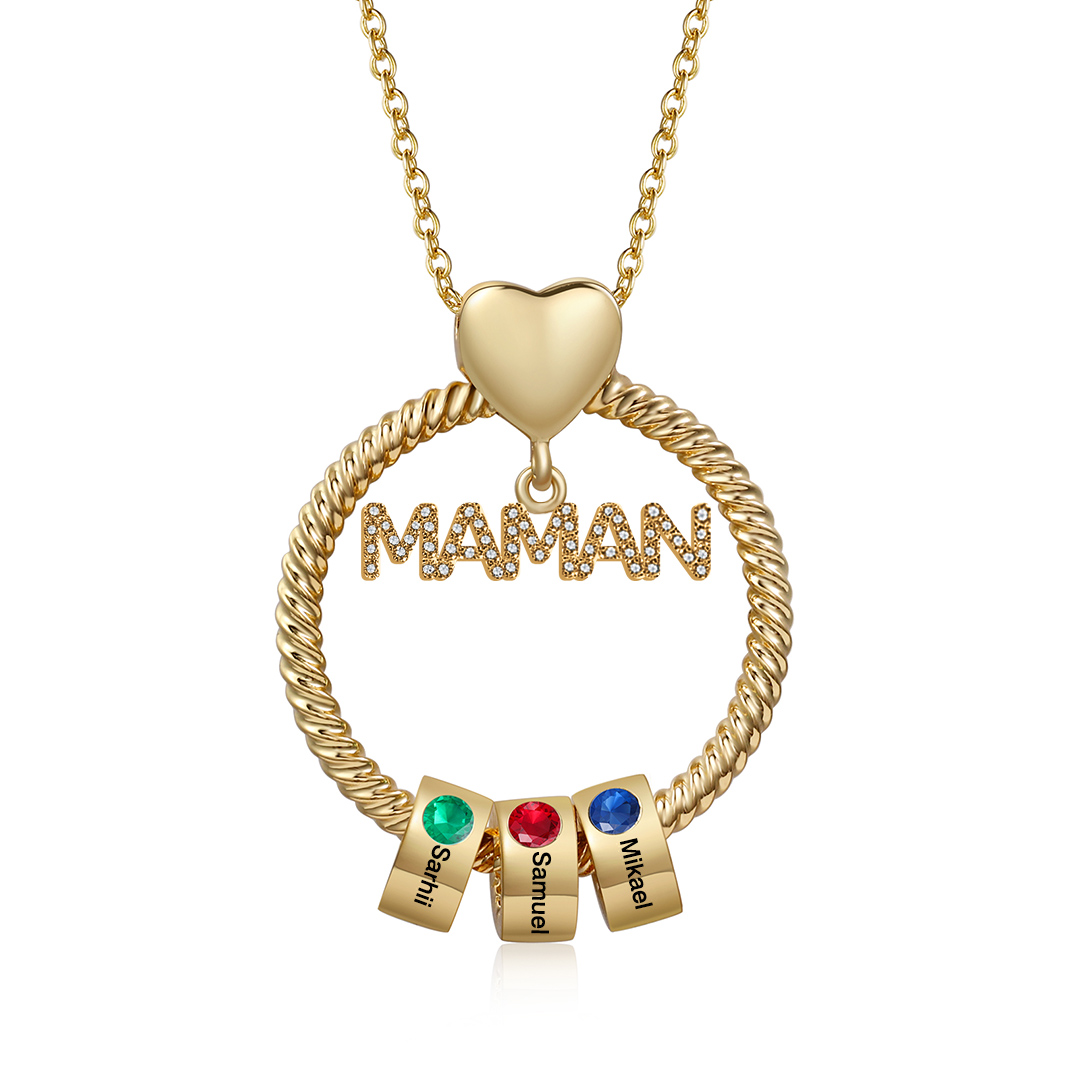 À ma Maman - Collier Pendentif 3 Prénoms Personnalisés avec Pierre de naissance｜Jessemade