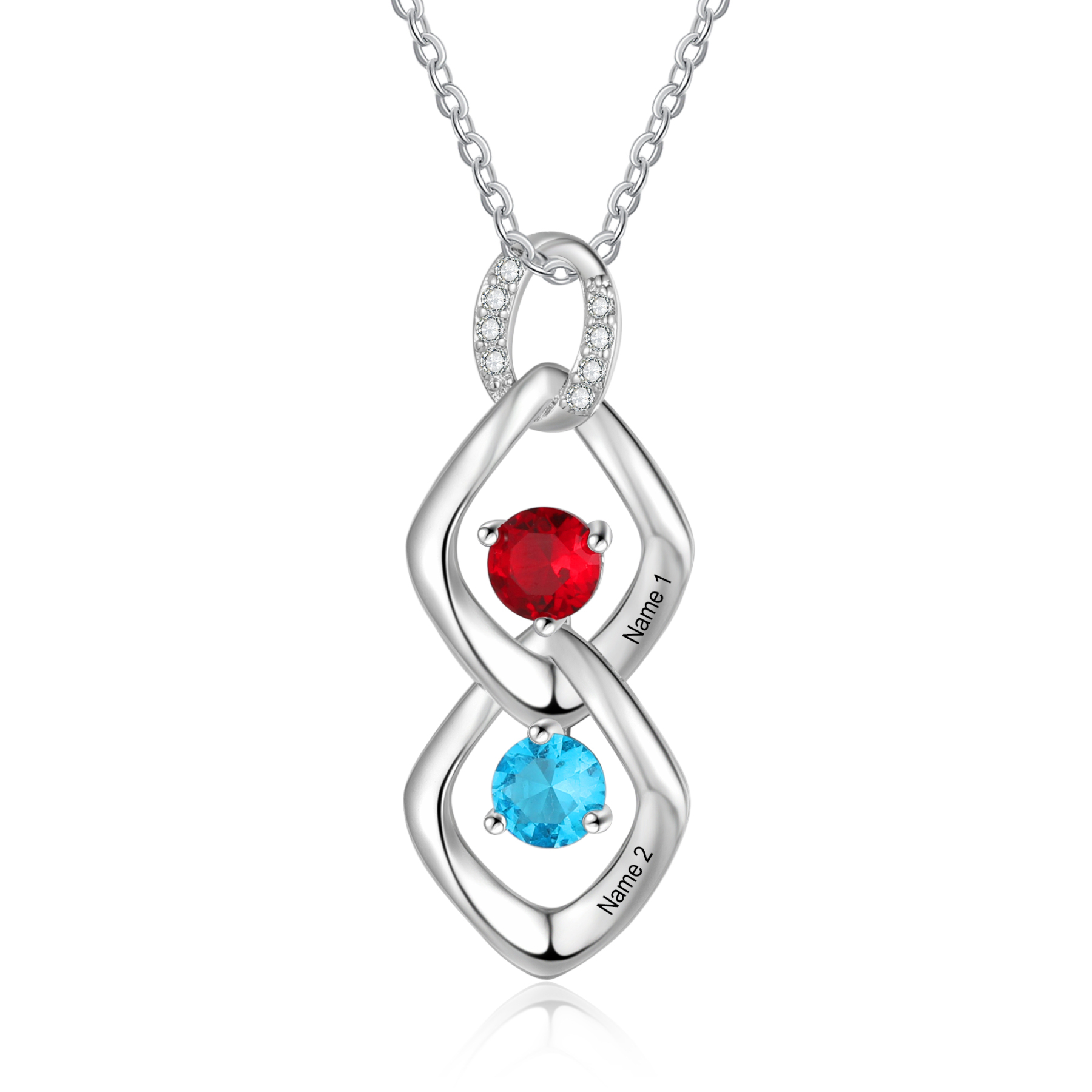Collier Pendentif 2 Prénoms Personnalisés avec Pierre de naissance pour Femmes