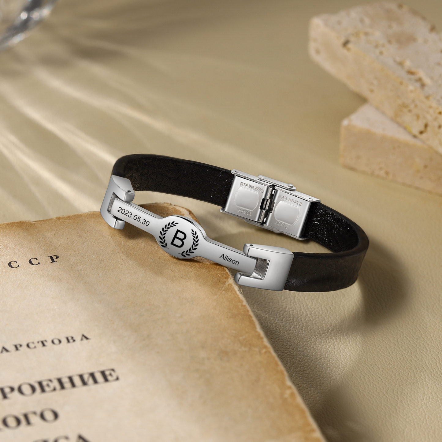 Bracelet Initiale en Cuir 1 Prénom Personnalisé avec Date et Lettre｜Jessemade