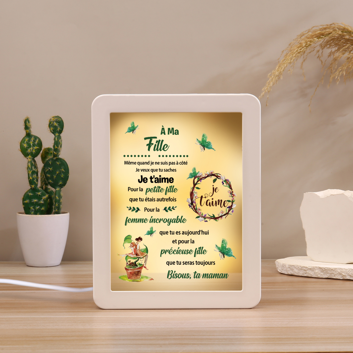 À ma Fille - Cadre Photo/Miroir LED multifonctionnel Cadeau de Maman pour Fille