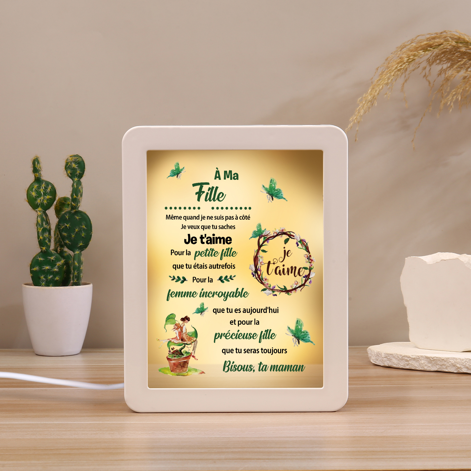 À ma Fille - Cadre Photo/Miroir LED multifonctionnel Cadeau de Maman pour Fille