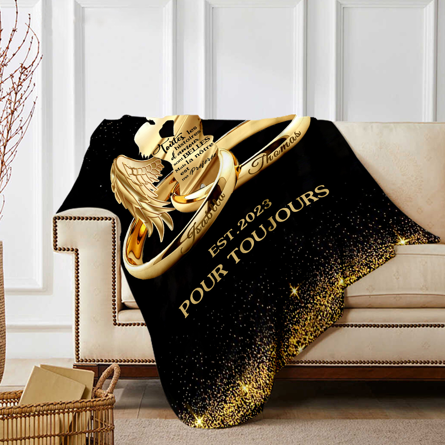 Couverture Plaids Polaire 2 Prénoms Personnalisés avec Année et Texte | Jessemade