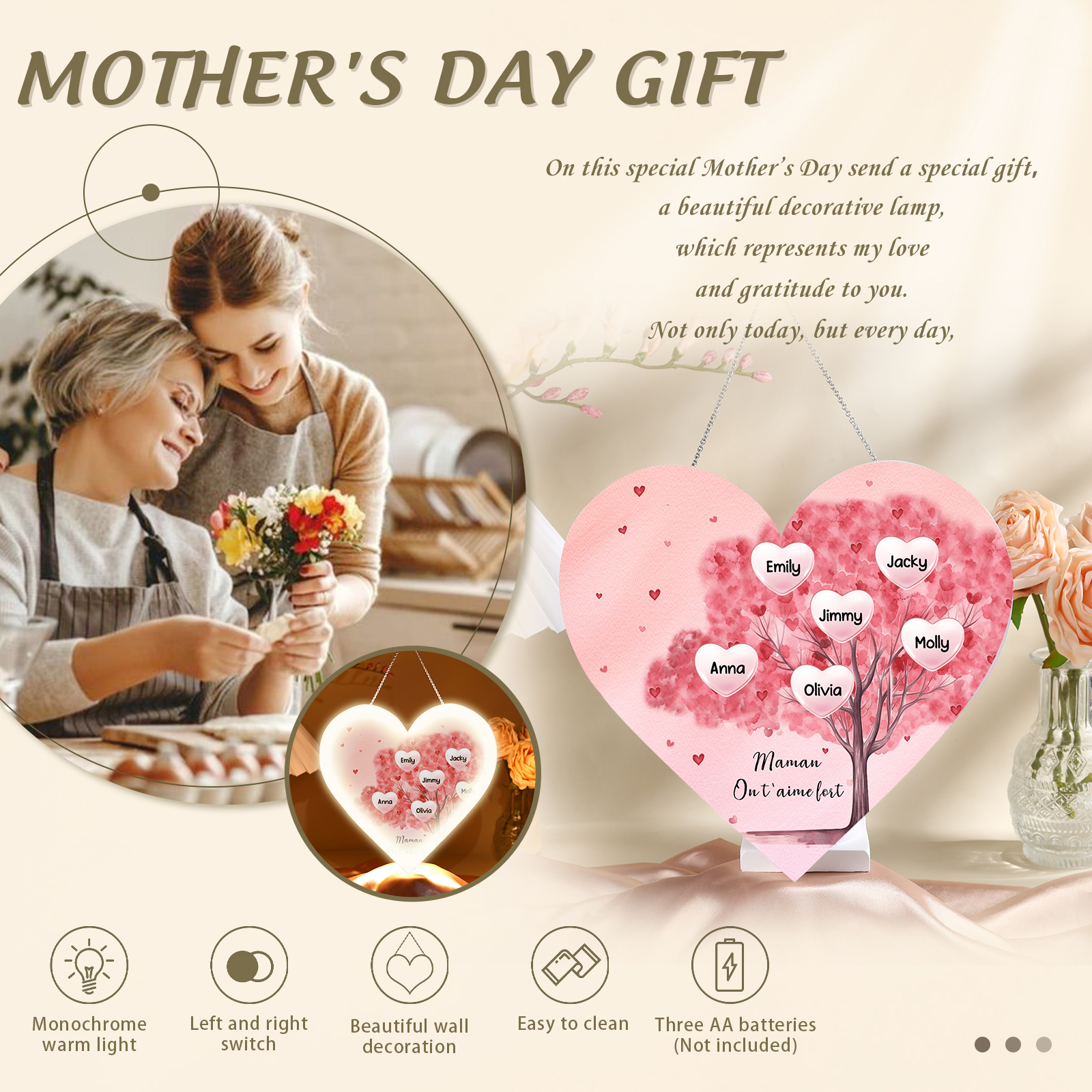 À Maman/Mamie - Veilleuse Cœur Arbre Décoration 6 Prénoms Personnalisés avec 1 Texte