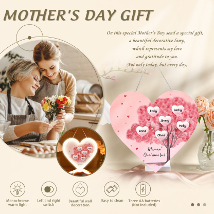 À Maman/Mamie - Veilleuse Cœur Arbre Décoration 6 Prénoms Personnalisés avec 1 Texte