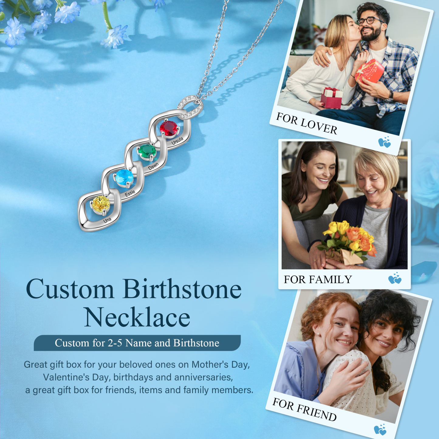 Collier Pendentif 4 Prénoms Personnalisés avec Pierre de naissance pour Femmes