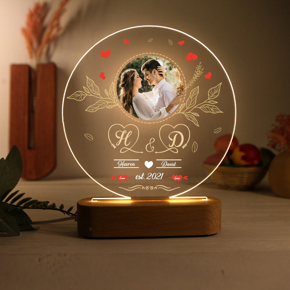 Lampe de chevet Couple LED Lumières 2 Prénoms et 2 Lettres Personnalisés avec Date et Photo