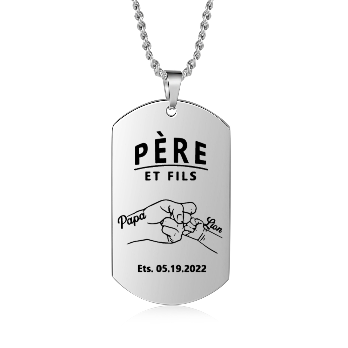 À Papa - Collier Poings 2 Prénom personnalisé avec photo et date Père et fils Collier Homme