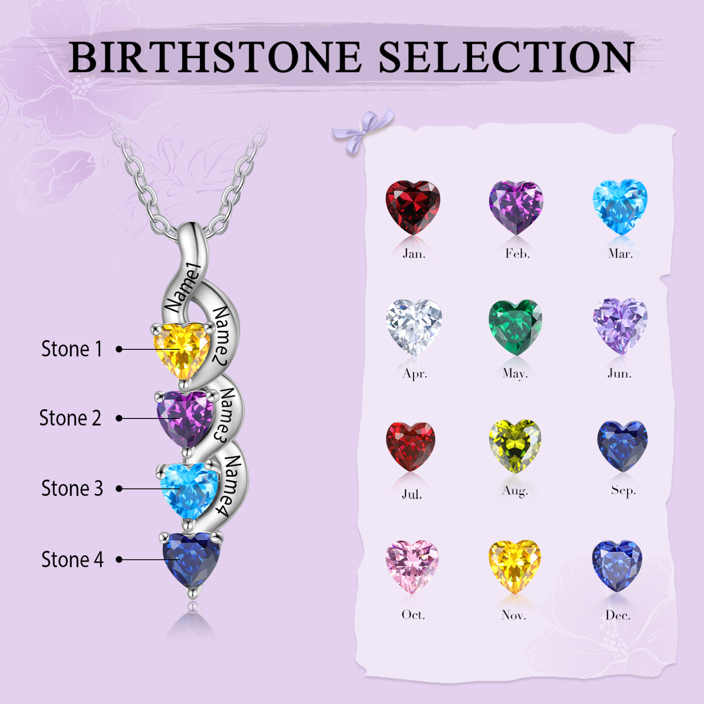 Collier DNA Cœur 4 Prénoms Personnalisés avec Pierres de naissance pour Femme