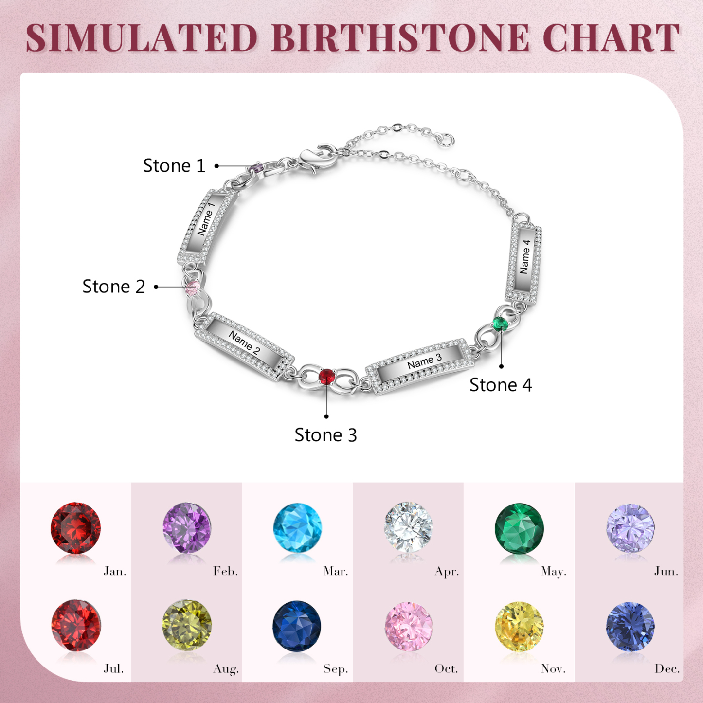 Bracelet Infini 4 Prénoms Personnalisé avec 4 Pierres de Naissance