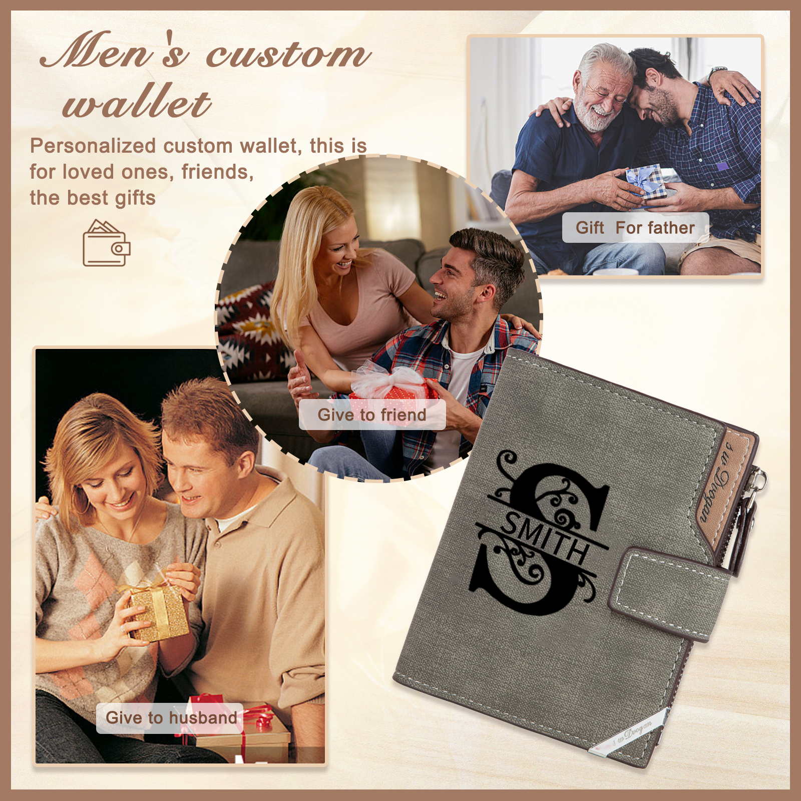 Portefeuille 1 Prénom Personnalisé avec Lettre et Photo Classique Homme Porte-Monnaie Carte | Jessemade