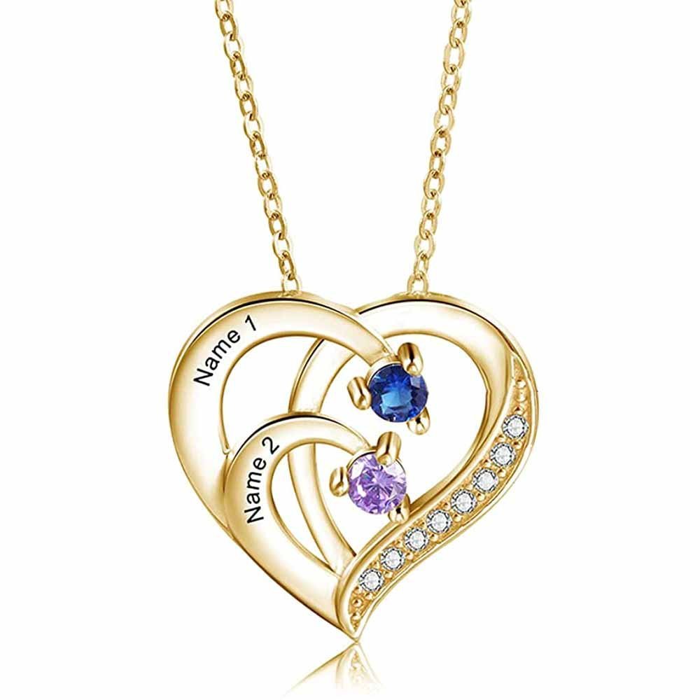 Collier Cœur Argent 925 2 Prénoms Personnalisés avec Pierre de naissance pierre de naissance | Jessemade