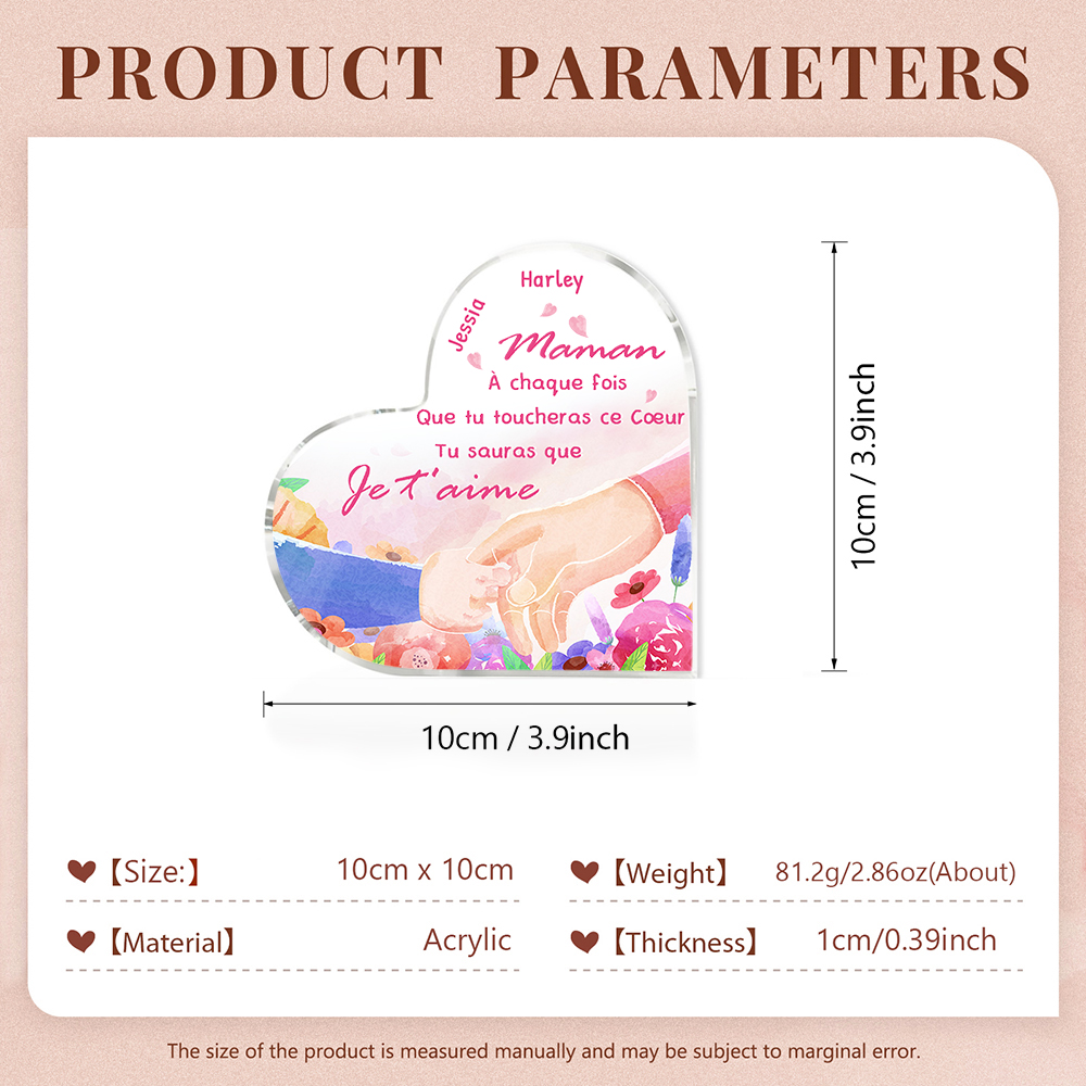 À ma Maman - Plaque Acrylique en Forme de Cœur 2 Prénoms Personnalisés la Mian dans la Main