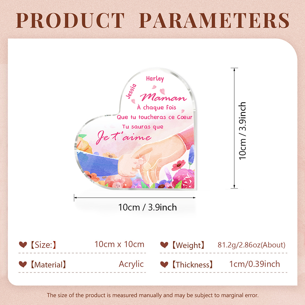 À ma Maman - Plaque Acrylique en Forme de Cœur 2 Prénoms Personnalisés la Mian dans la Main