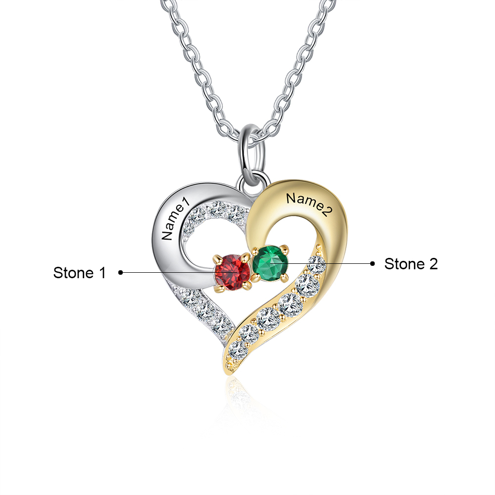 Collier Prénom cœur Argent 925 2 Prénom 2 pierre de naissance
