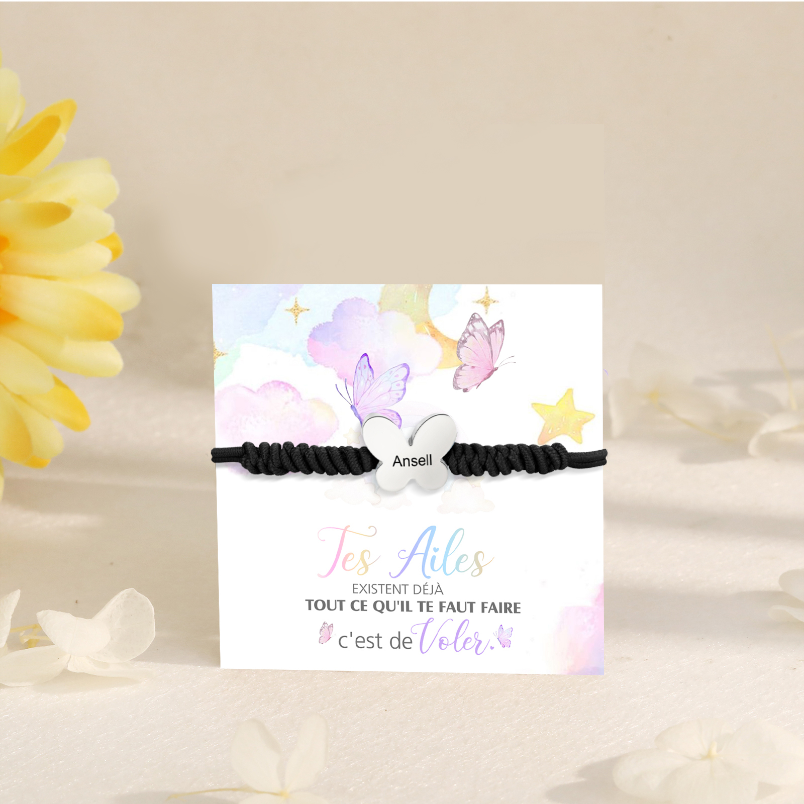 Bracelet Papillon Prénom Personnalisé Corde élastiques - Cadeau Rentrée Scolaire