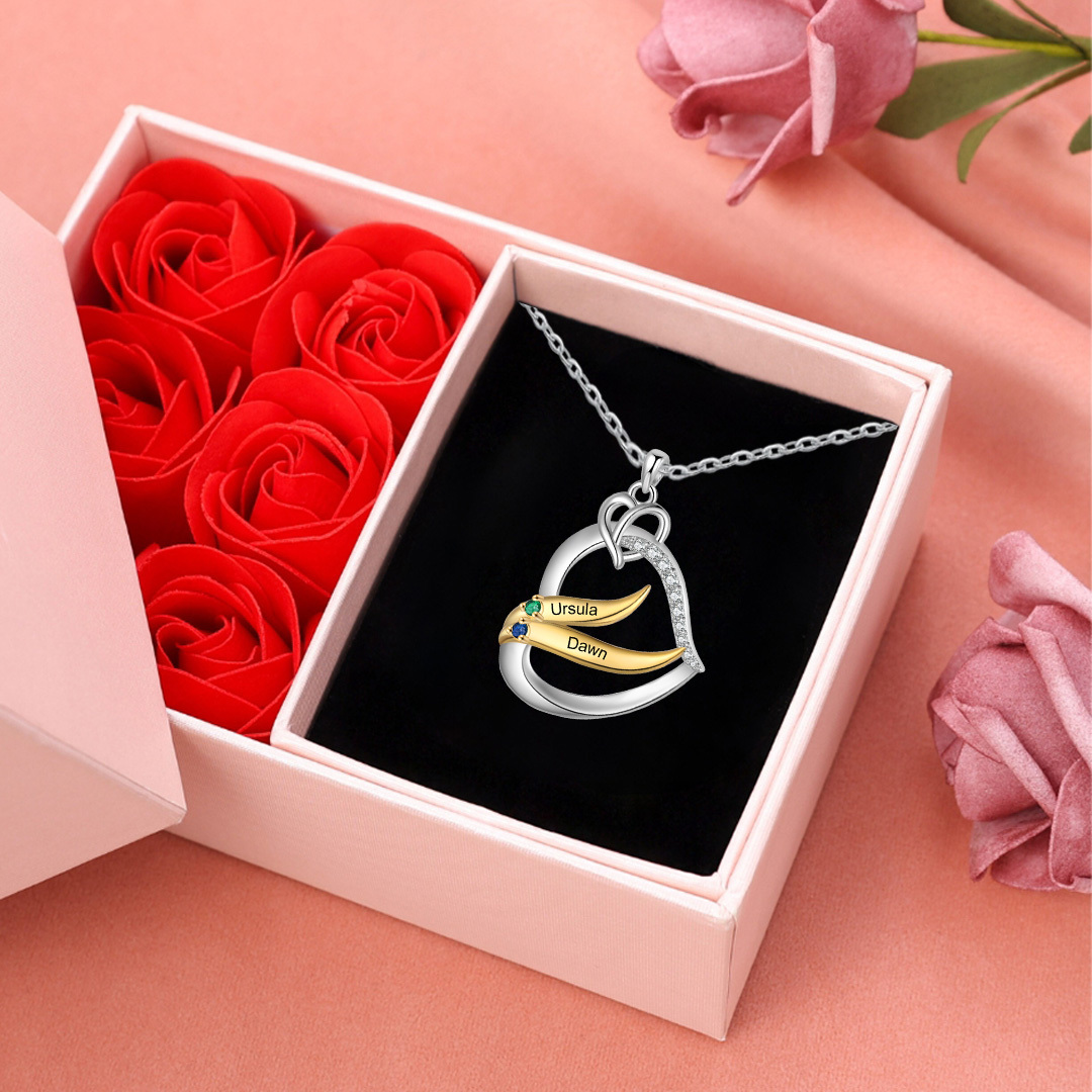 Collier Pendentif Cœur et Ailes Collier Personnalisé Femme avec 2 Prénoms et Pierres de naissance|Jessemade