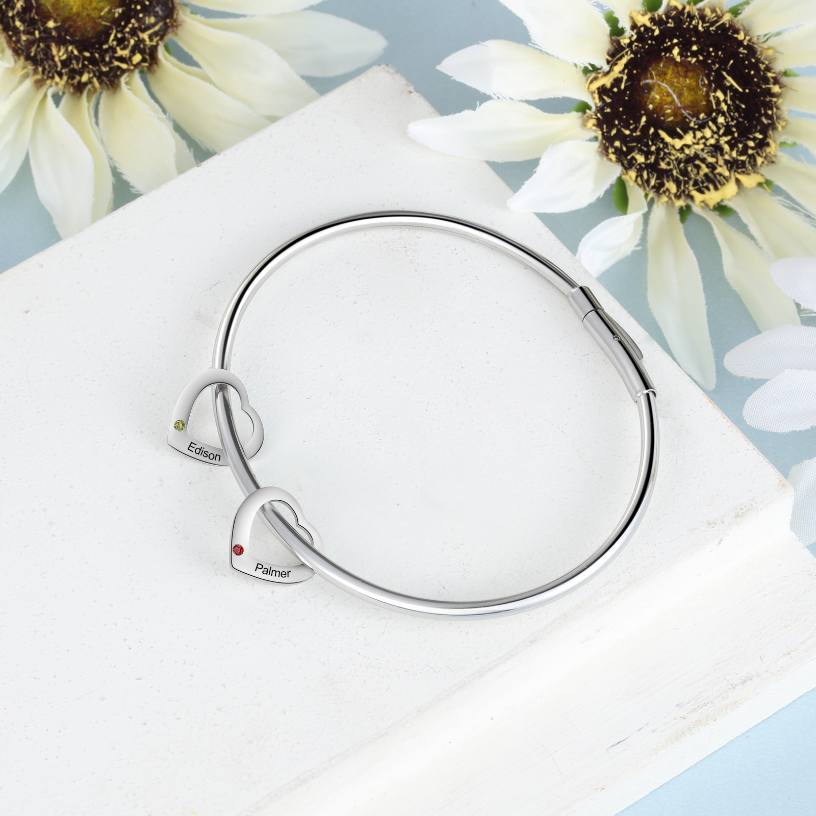 Bracelet Jonc Bracelet Coeur 2 Prénoms Personnalisés avec 2 Pierres de Naissance