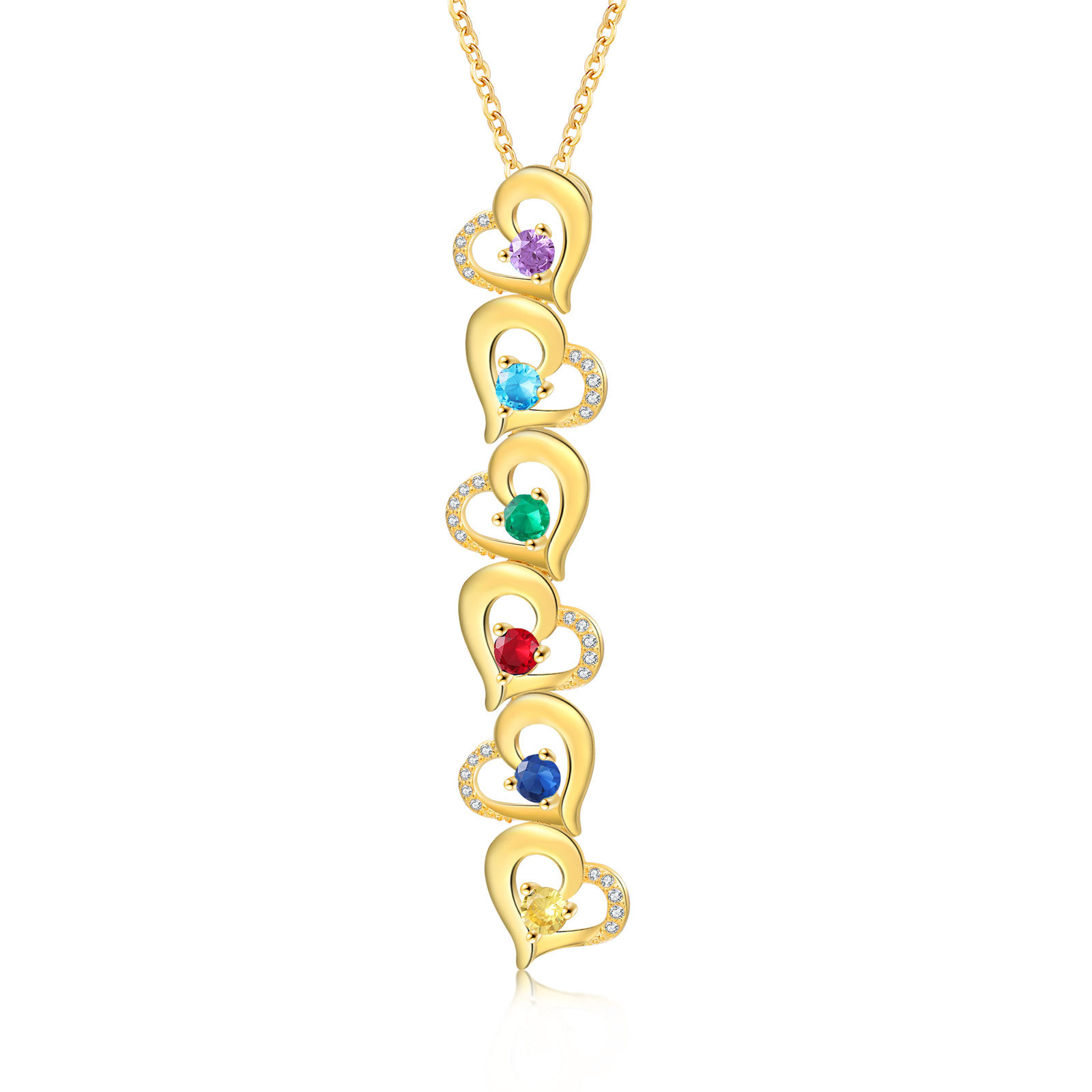 Collier Pendentif Cœur 6 Prénoms Personnalisés avec Pierre de naissance pour Femmes