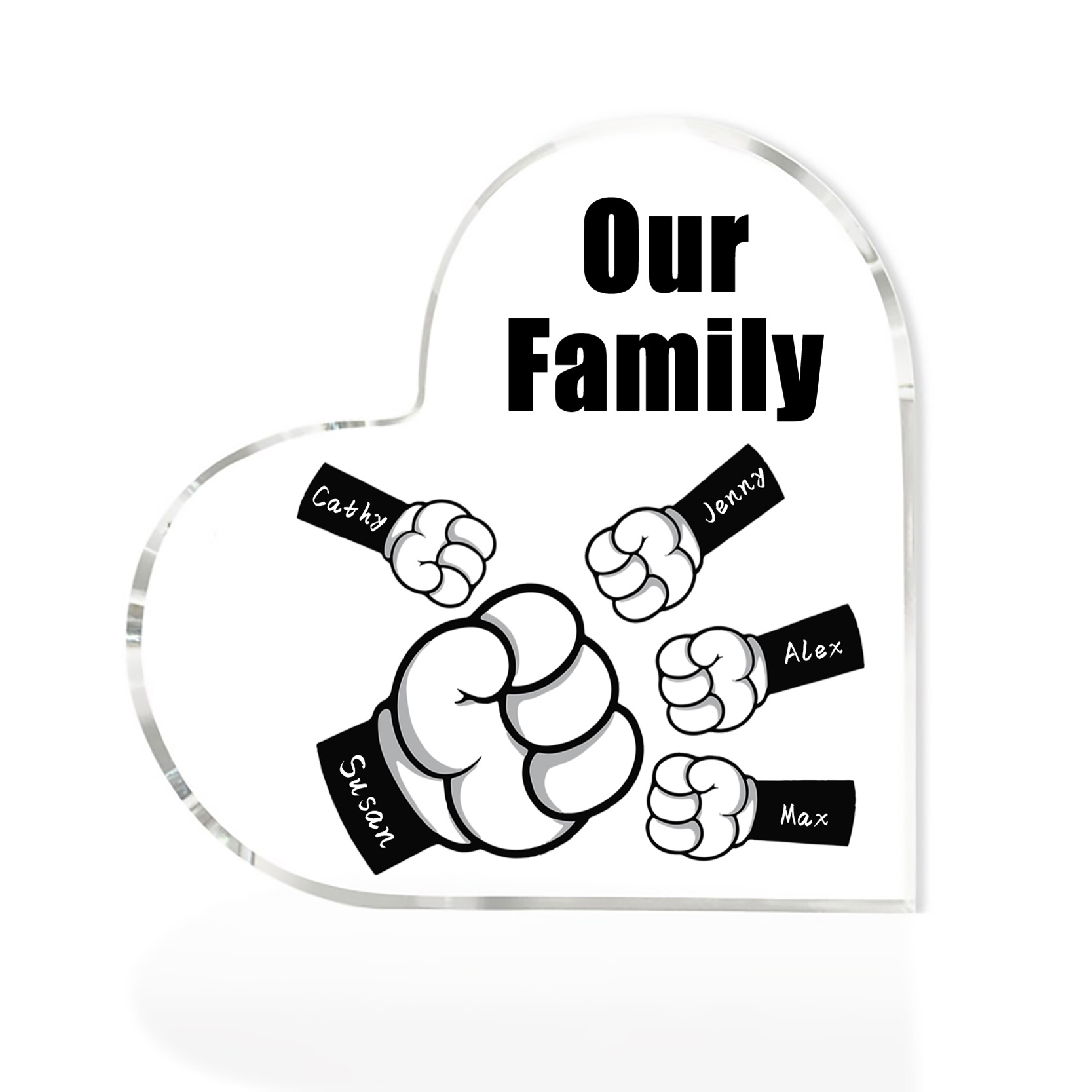 À mon Papa/Maman - Plaque Acrylique en Forme de Cœur Poings 5 Prénoms Personnalisés avec 1 Texte