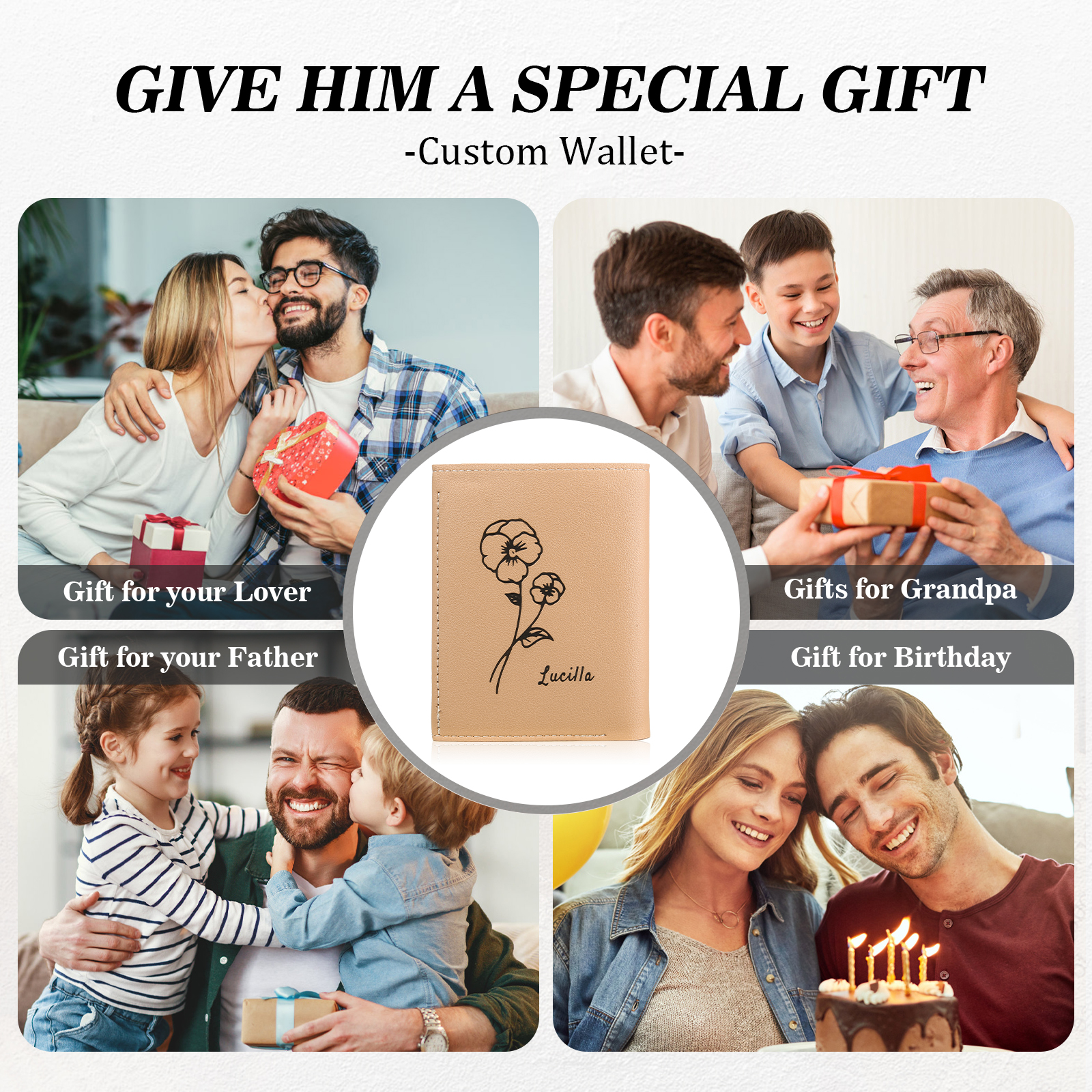 Portefeuille Femme Prénom et Texte Personnalisés avec Fleurs de naissance Porte-Monnaie Carte