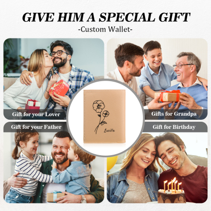 Portefeuille Femme Prénom et Texte Personnalisés avec Fleurs de naissance Porte-Monnaie Carte