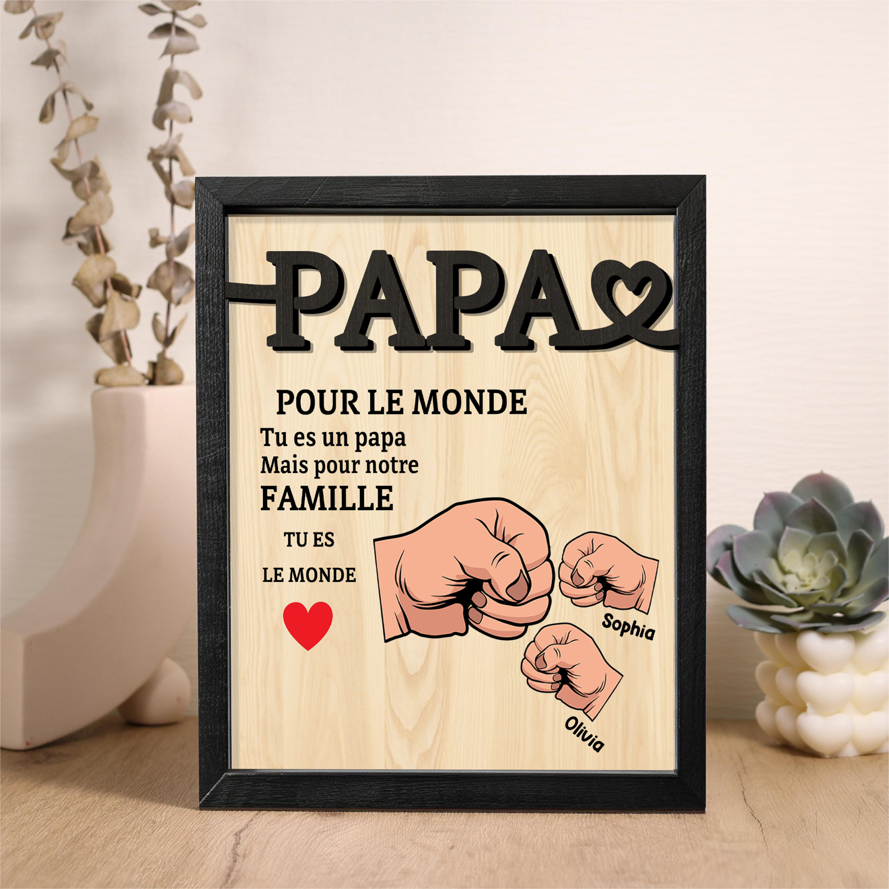 À Mon Papa-Cadre en Bois Poings 2 Prénoms Personnalisés