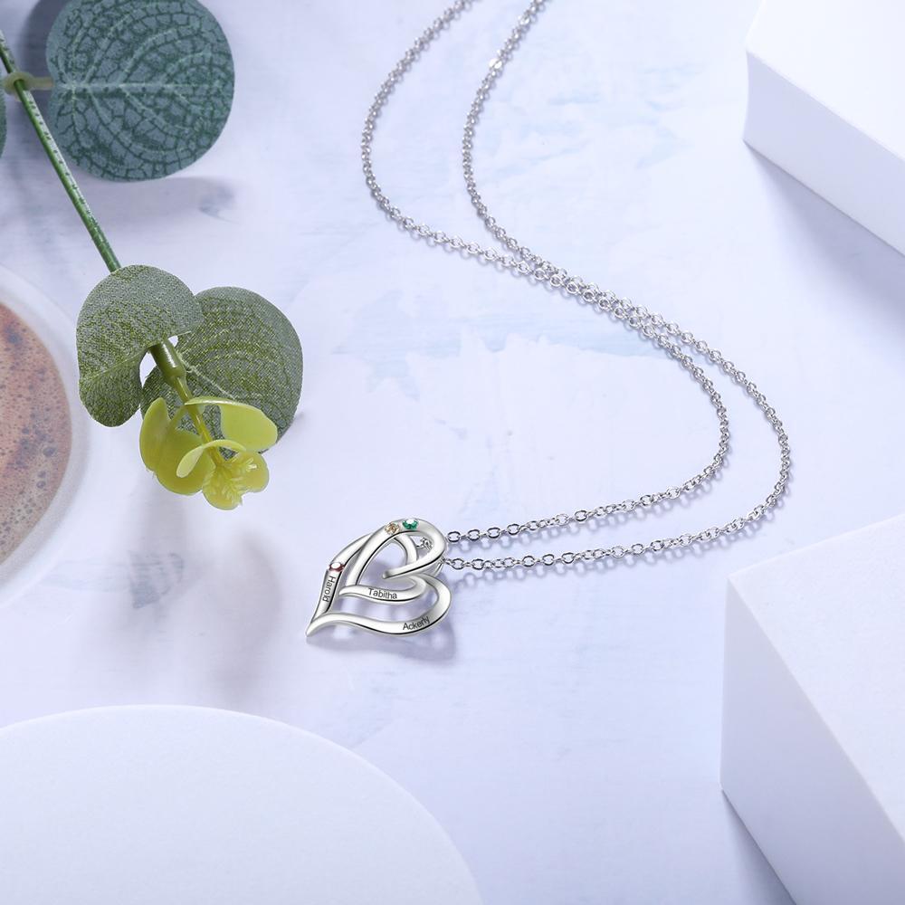 Collier Cœur 3 Prénoms Personnalisés avec 3 Pierres de Naissance Pendentif