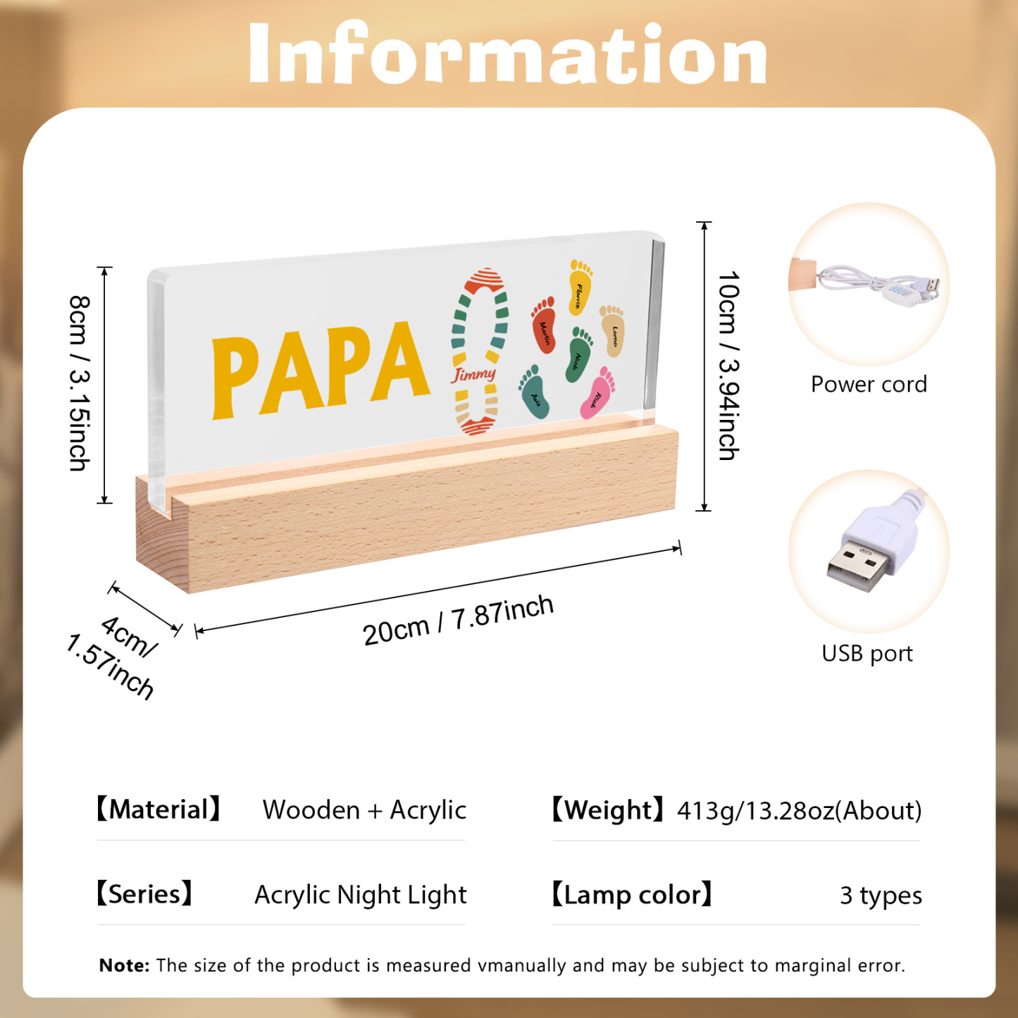 À mon Papa/Papi- Lampe de chevet LED Pieds Bébé 7 Prénoms Personnalisés avec Texte