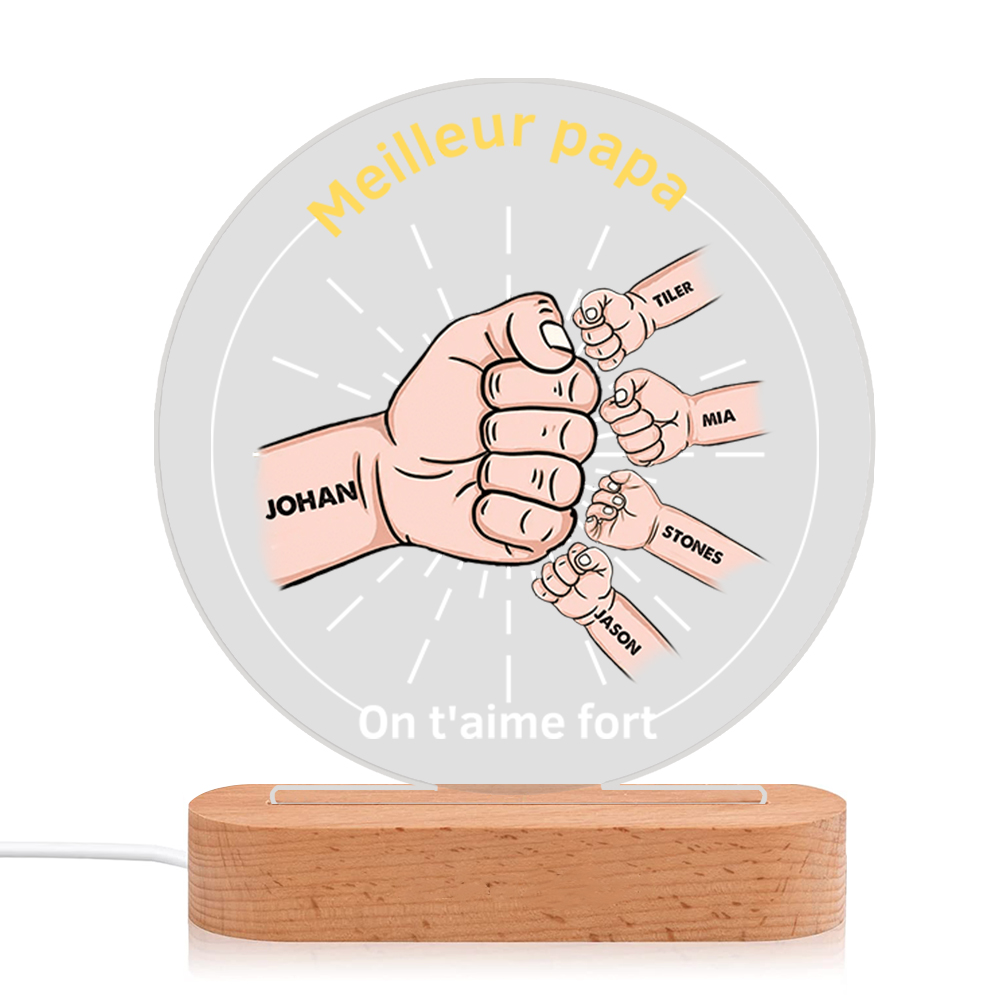 À Papa/Papi - Lampe de chevet LED Lumières Poings 5 Prénoms et 2 Textes Personnalisés pour Famille