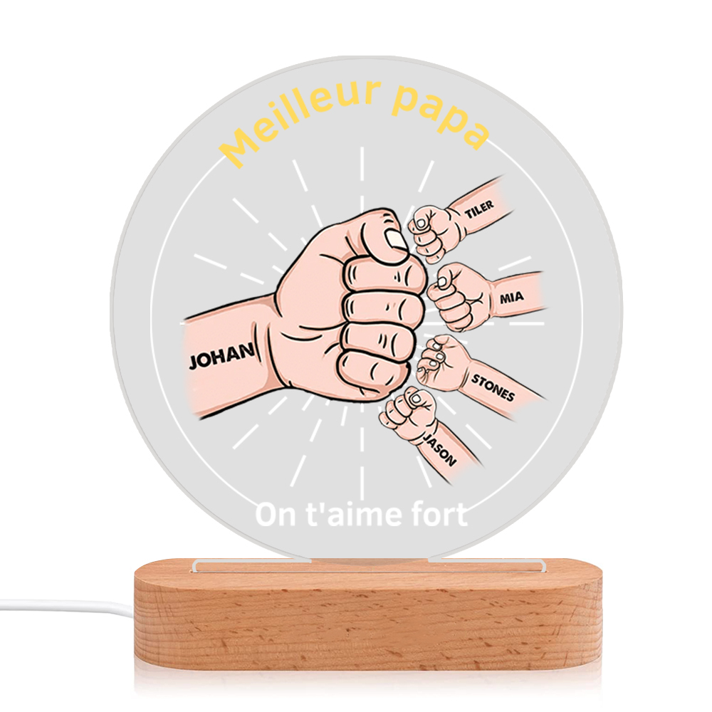 À Papa/Papi - Lampe de chevet LED Lumières Poings 5 Prénoms et 2 Textes Personnalisés pour Famille