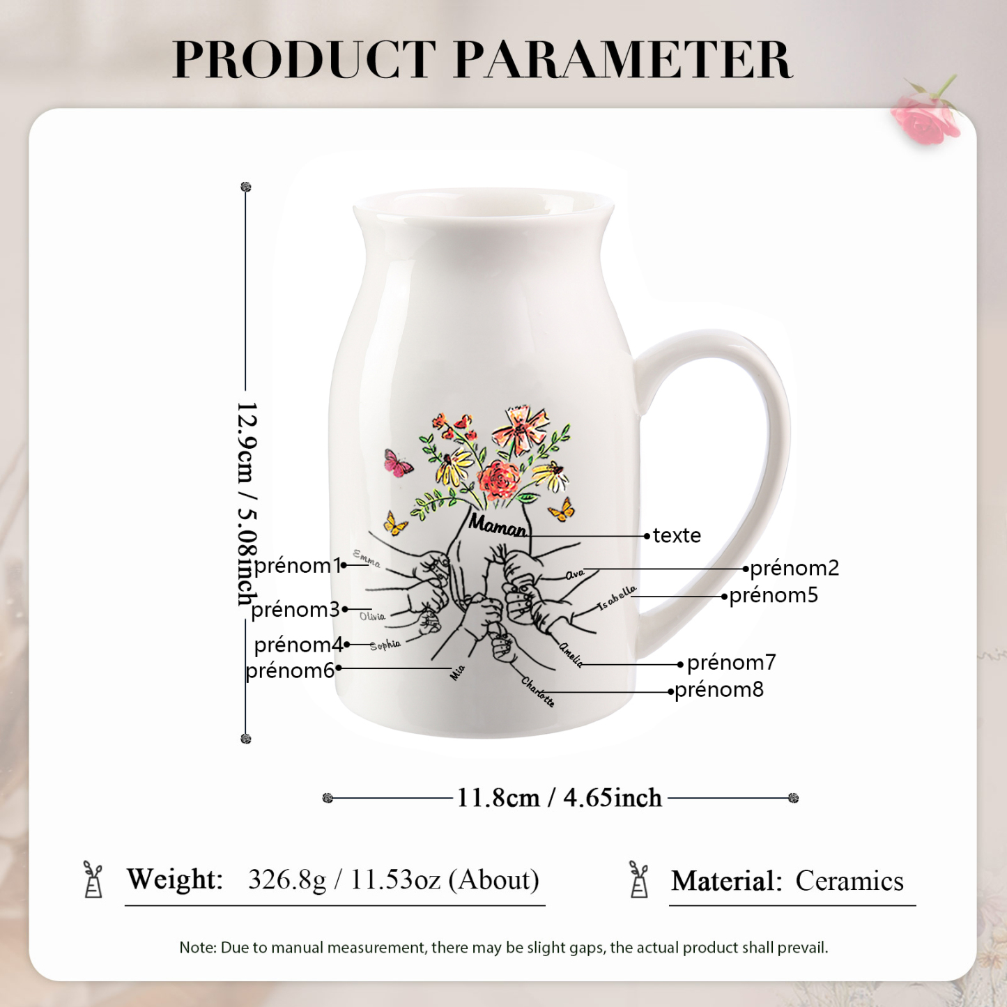 Vase à Fleurs la Main dans la Main 8 Prénoms Personnalisés avec Texte Décoration de la Maison