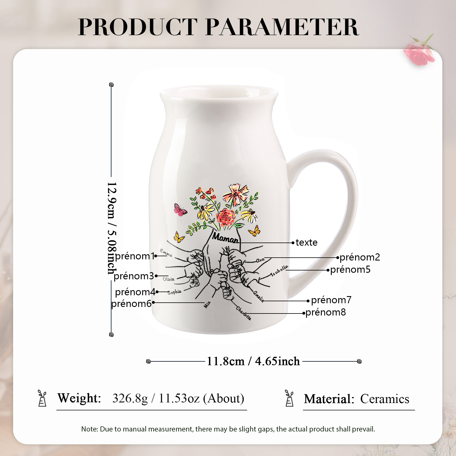 Vase à Fleurs la Main dans la Main 8 Prénoms Personnalisés avec Texte Décoration de la Maison