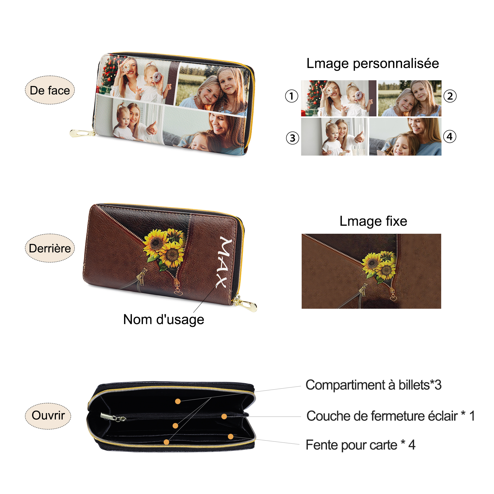 Portefeuille long en cuir PU tournesol 1 Prénom personnalisé avec 4 photo