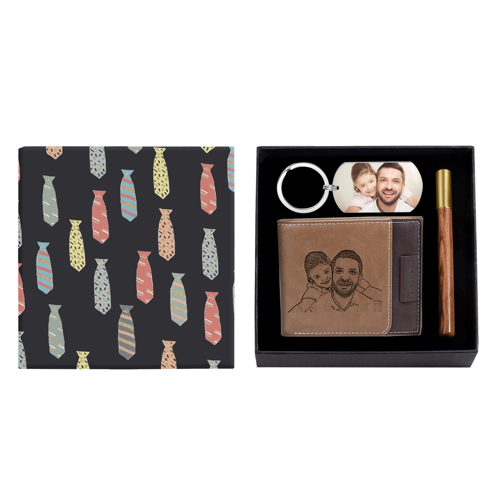 Coffret Cadeau 3PCS - Portefeuille classique Porte-Clés et Stylo 2 Photo et Textes Personnalisés Coffret Cadeau pour Homme
