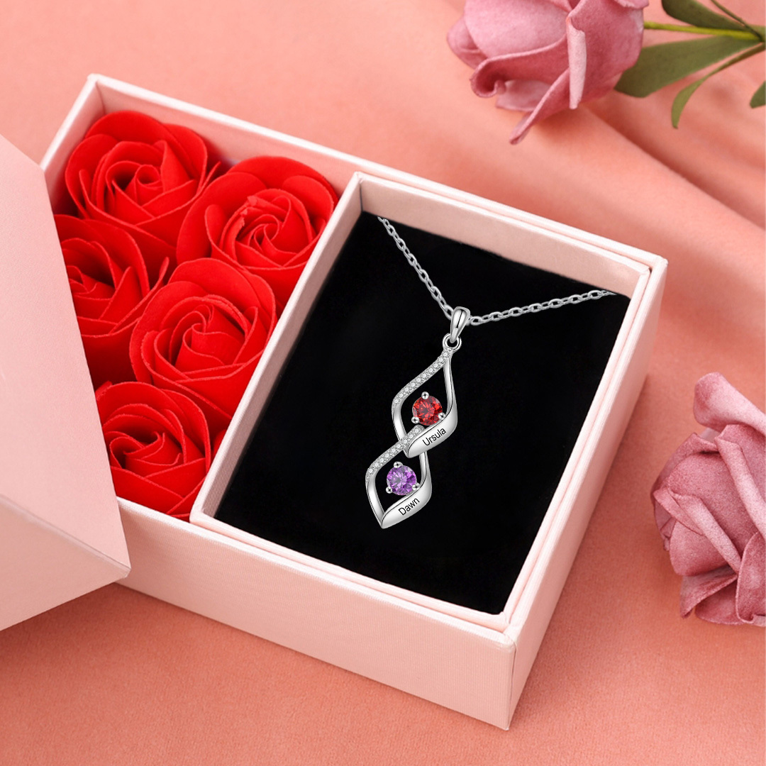 Collier Pendentif infini 2 Prénoms Personnalisés avec Pierre de naissance pour Femmes | Jessemade