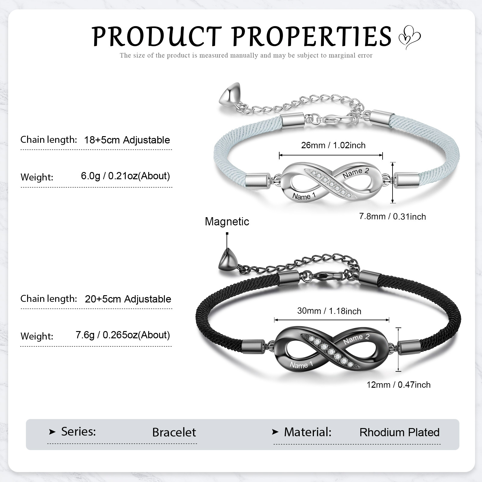 2PCS Bracelets Infini 2 Prénoms Personnalisés pour Couple Bracelet Magnétique